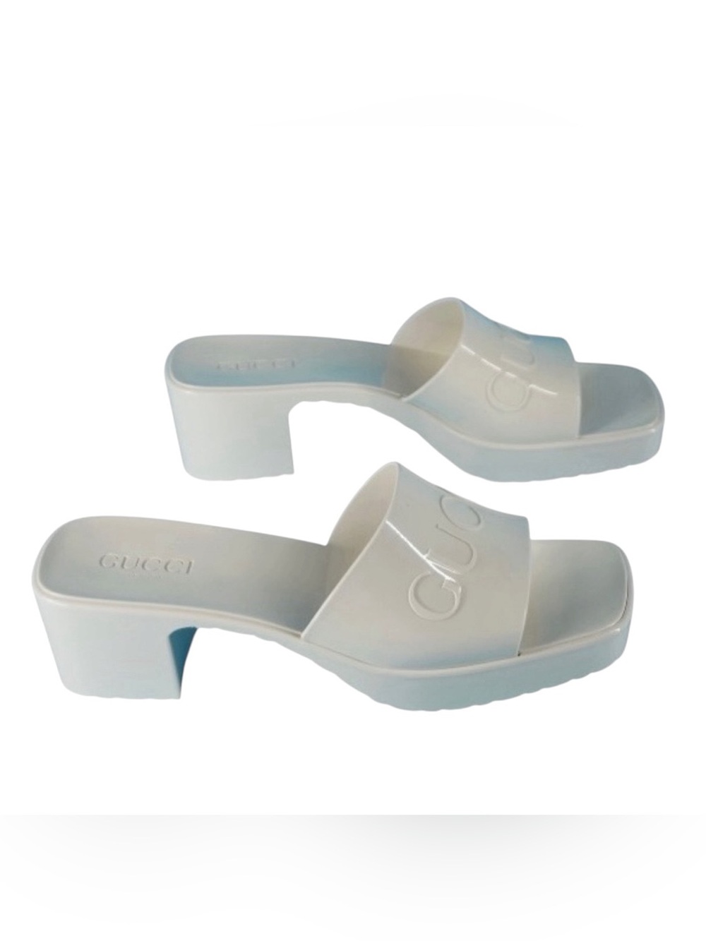 Gucci Rubber Raised Logo 2.5" Block Heel Platform Sandals, Size 40